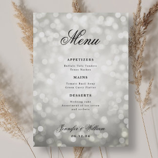 Menu Élégant Mariage de script Silver Bokeh Lumières