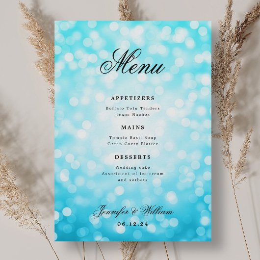 Menu Élégant Mariage de script Turquoise Bokeh Lumières