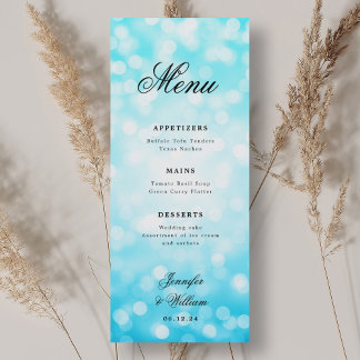 Menu Élégant Mariage de script Turquoise Bokeh Lumières