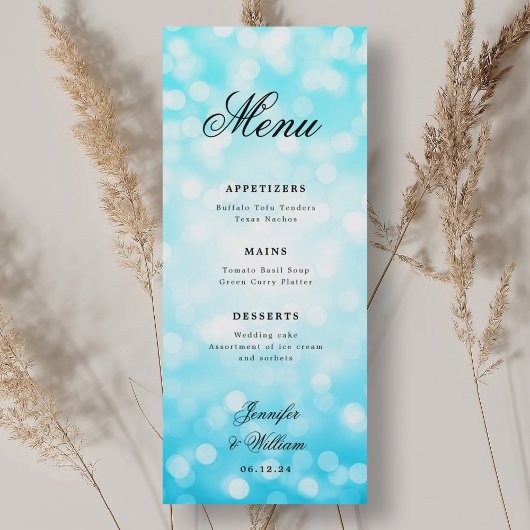 Menu Élégant Mariage de script Turquoise Bokeh Lumières