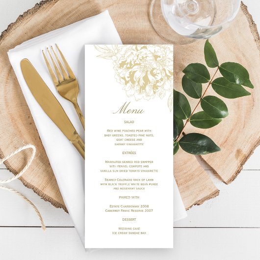 Menu Elégant Mariage de tourbe Florale Champagne Gold