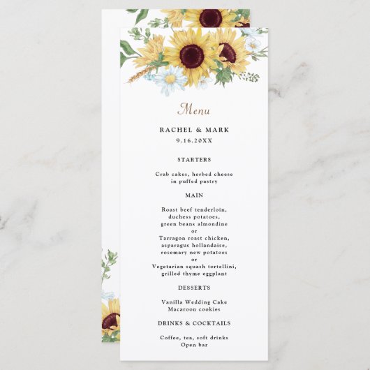 Menu Élégant Mariage de tournesol rustique (Devant / Derrière)