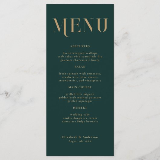 Menu Élégant Mariage de typographie Emerald Gold (Devant)