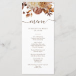 Menu Élégant Mariage des feuilles d'automne<br><div class="desc">Cet élégant menu de mariage comprend des feuilles d'orange brûlée et de terre cuite peints à la main,  des dahlias crème et beige,  et de beaux roses de couleur rouille sur un arrière - plan blanc. Trouvez les articles correspondants dans la collection White Autumn Romance.</div>