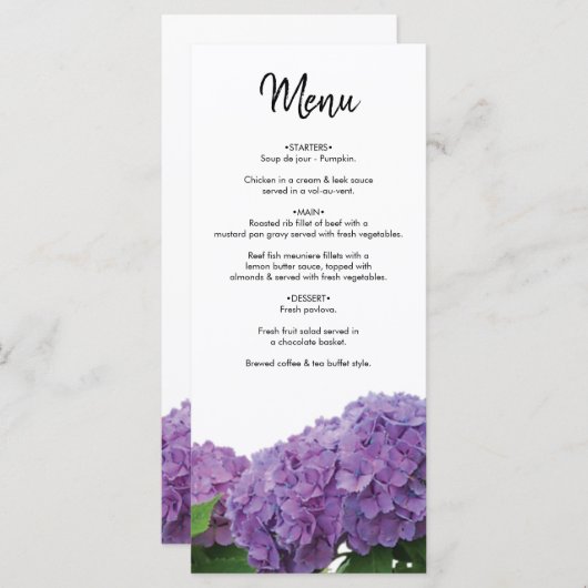 Menu Élégant Mariage d'Hydrangée violette (Devant / Derrière)