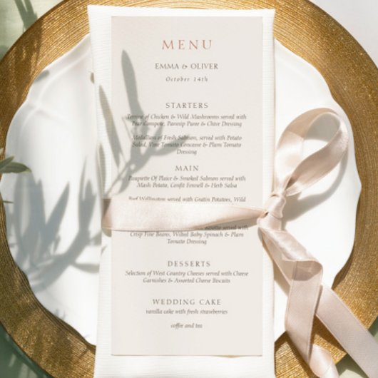 Menu Élégant Mariage Double Face Écriture Cuivre Ivoire