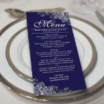 Menu Élégant Mariage en argent sur bleu marine<br><div class="desc">Ce beau menu ajoutera un peu de style à votre réception de mariage. Il présente un design magnifique avec des boucles et des tourbillons en faux feuille gris argenté ornés sur un arrière - plan bleu marine. Il y a de l'espace pour les noms du couple et la date du...</div>
