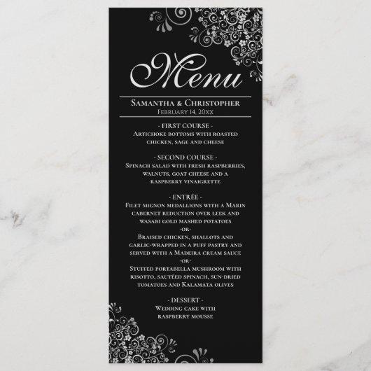 Menu Elégant Mariage en argent sur noir (Devant)
