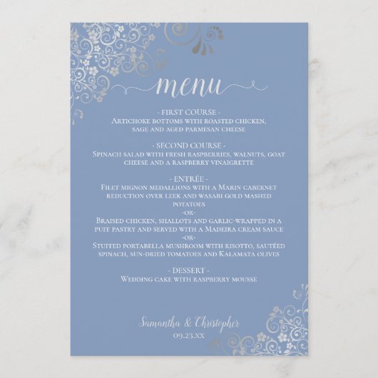 Menu Élégant Mariage en dentelle argentée (Devant)