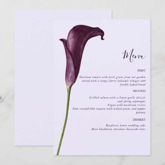 Menu Élégant mariage fleur de lys calla pourpre (Devant / Derrière)