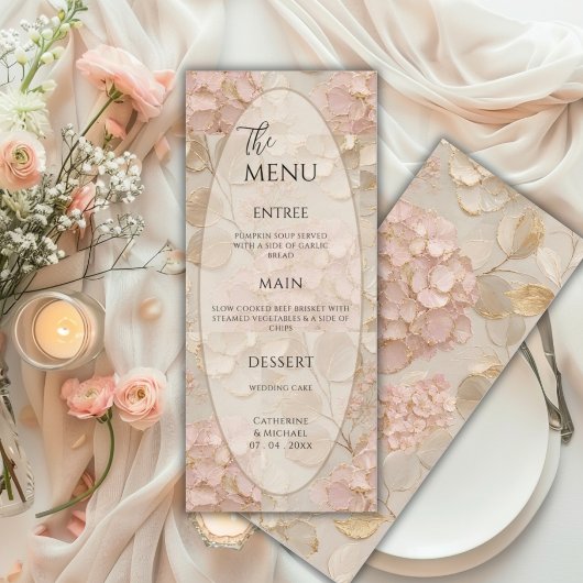 Menu Élégant Mariage Fleur Rose Crème