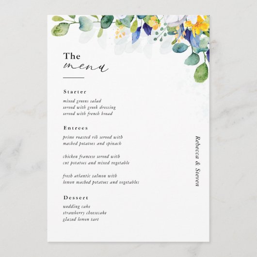 Menu Élégant mariage fleuri jaune blanc (Devant)