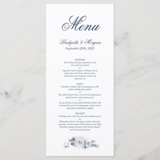 Menu Élégant Mariage Floral Bleu (Devant)