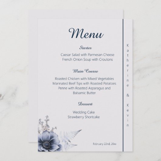 Menu Élégant Mariage floral bleu et blanc (Devant / Derrière)
