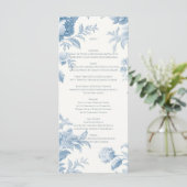 Menu Élégant Mariage Floral bleu toile française (Debout devant)
