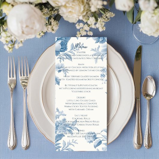 Menu Élégant Mariage Floral bleu toile française