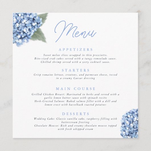 Menu Élégant Mariage floral Blue Hydrangea (Devant)