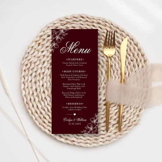 Menu Élégant Mariage Floral Bourguignon Calligraphie Mo