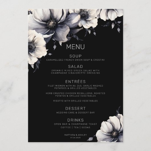 Menu Élégant Mariage Floral d'anémone Noir moderne (Devant)