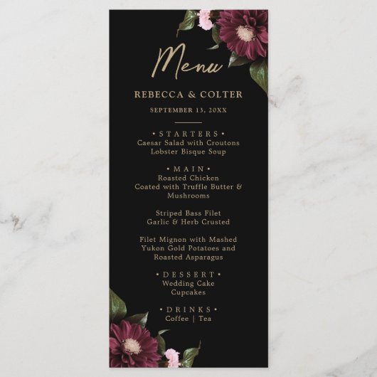 Menu Élégant Mariage floral de Bourgogne noire (Devant)