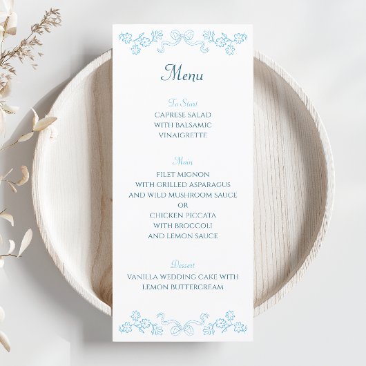 Menu Élégant Mariage floral et bleu cou tiré à la main