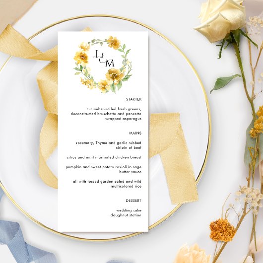 Menu Élégant Mariage Floral Jaune