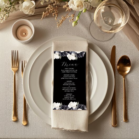 Menu Élégant Mariage floral noir et blanc