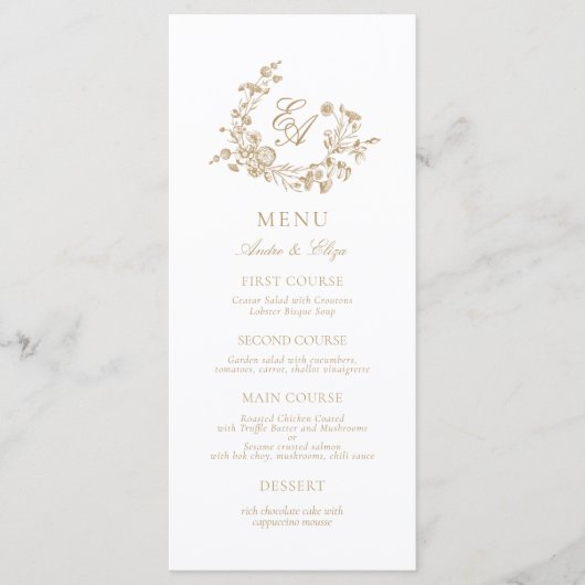 Menu Élégant Mariage Floral Or et Blanc Monogramme (Devant)