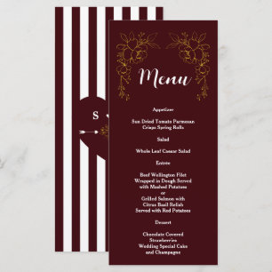 Menu Élégant mariage floral or profond bordeaux rayures