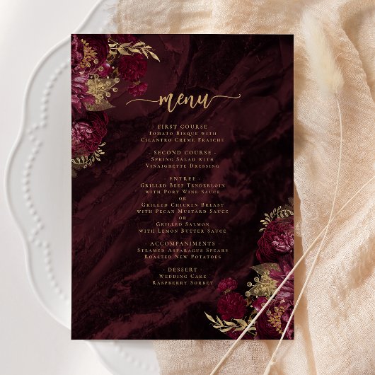 Menu Élégant mariage floral rouge Bourgogne or