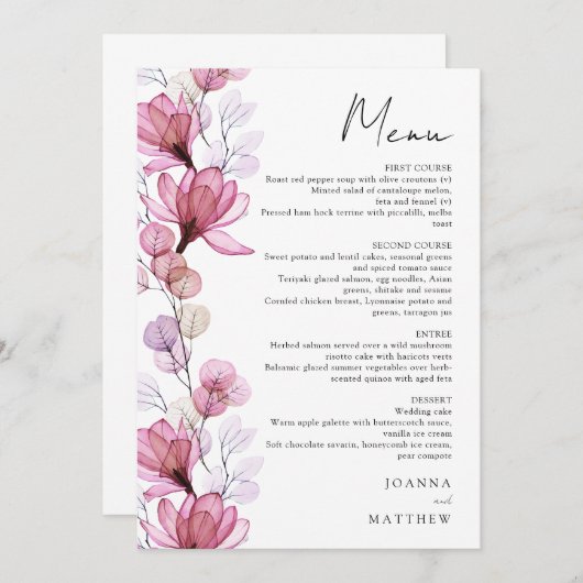 Menu Élégant Mariage floral transparent Dusty Rose (Devant / Derrière)