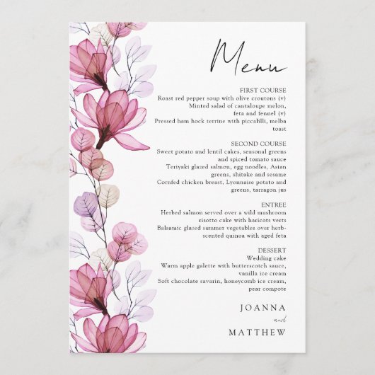 Menu Élégant Mariage floral transparent Dusty Rose (Devant)
