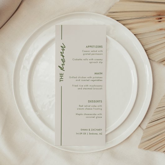 Menu Élégant Mariage gris et vert olive