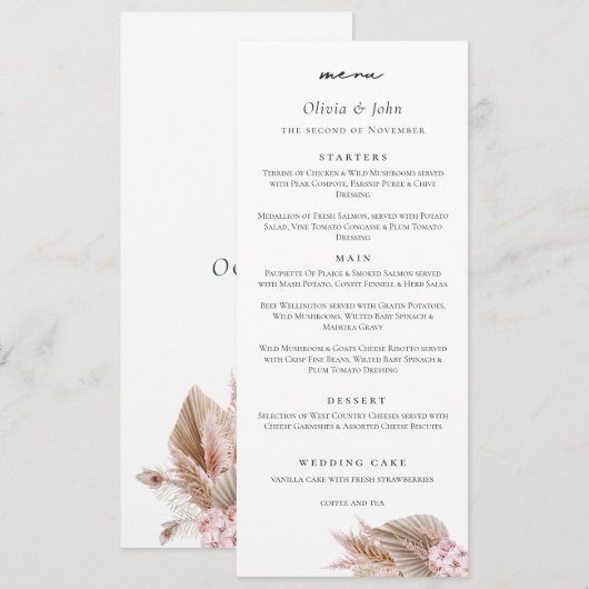 Menu Élégant mariage herbe de la pampa écriture  (Devant / Derrière)