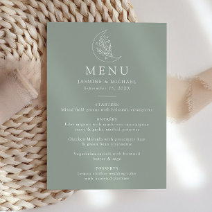 Menu Élégant Mariage Lune et Étoiles Vert Sauge