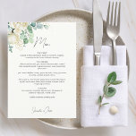 Menu Élégant Mariage Magnolia Eucalyptus<br><div class="desc">Élégant et moderne menu mariage avec un bouquet de fleurs et de verdure magnolia eucalyptus aquarelle que votre client appréciera.</div>