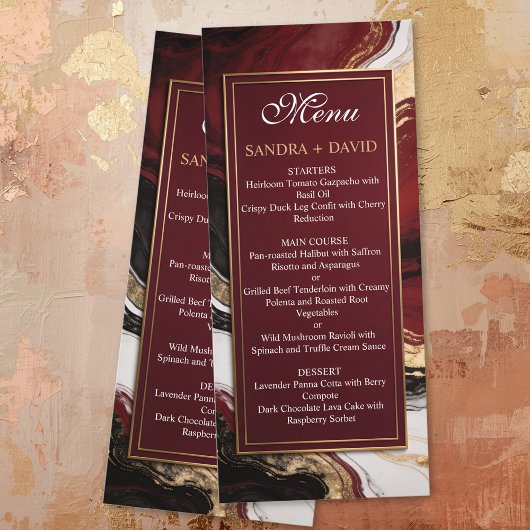 Menu Élégant mariage marbre bordeaux et or