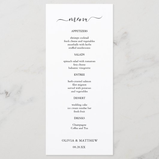 Menu Élégant Mariage minimaliste classique blanc (Devant)