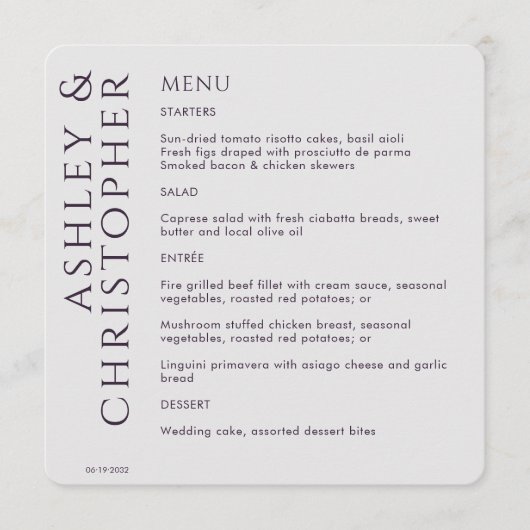 Menu Élégant Mariage moderne foncé violet (Devant)