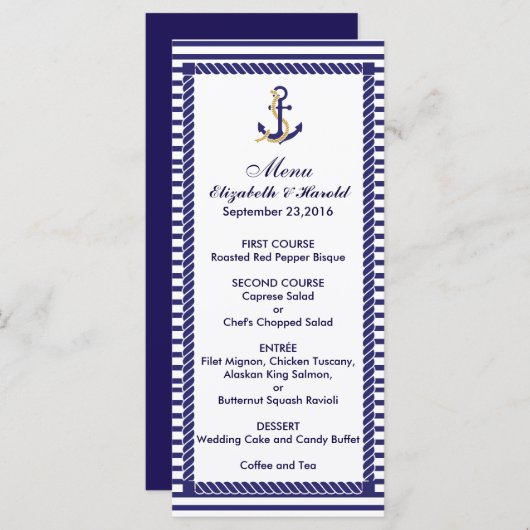 Menu Elegant Mariage Nautique Marine Stripes (Devant / Derrière)