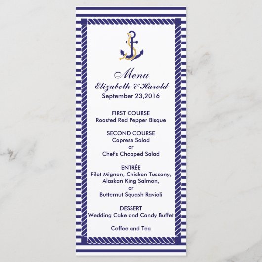 Menu Elegant Mariage Nautique Marine Stripes (Devant)