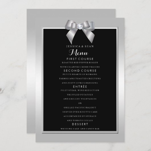 Menu Élégant Mariage noir et bow de Gem Argent (Devant / Derrière)