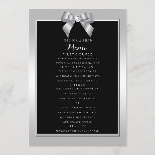 Menu Élégant Mariage noir et bow de Gem Argent (Devant)