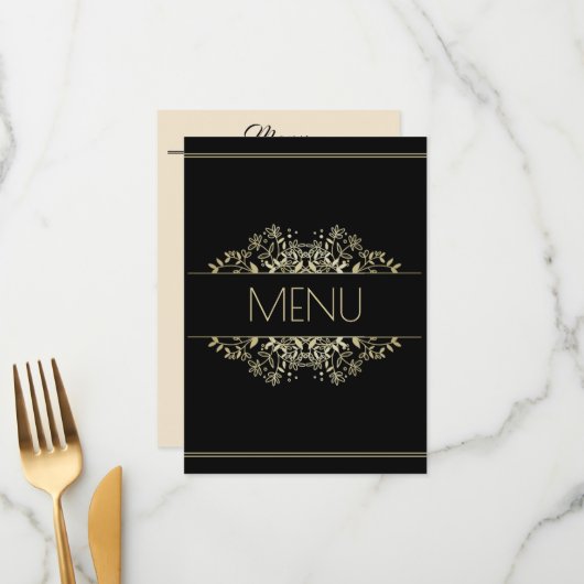 Menu Élégant Mariage noir et or (Devant/Arrière en situation)