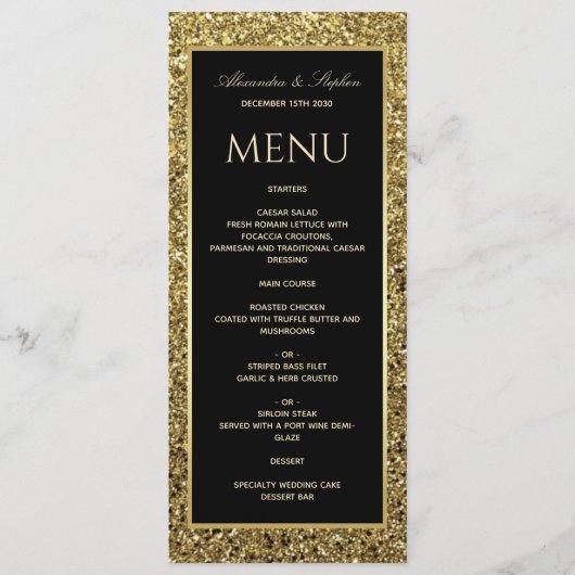 Menu Élégant Mariage noir et Parties scintillant or (Devant)