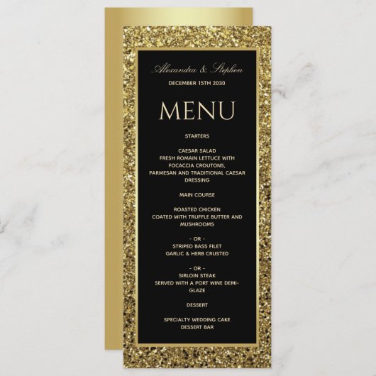 Menu Élégant Mariage noir et Parties scintillant or (Devant / Derrière)