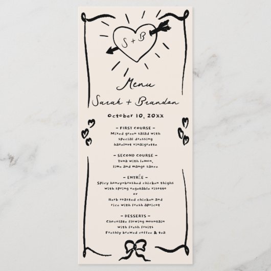 Menu Elégant Mariage noir rétro tiré à la main (Devant)