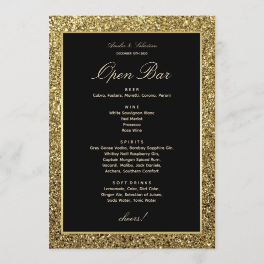 Menu Elégant Mariage Open Bar Card (Devant)