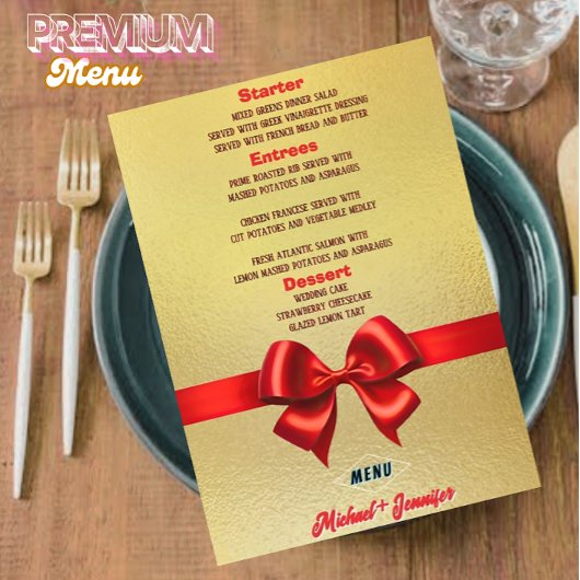 Menu Elegant Mariage or avec ruban rouge et photo