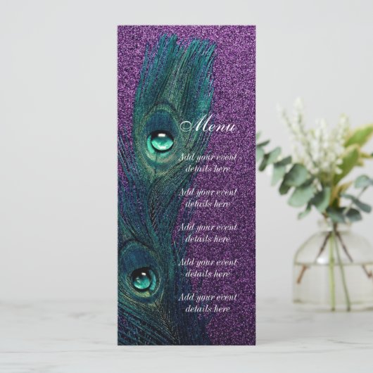 Menu Élégant Mariage Peacock bleu violet Turquoise (Debout devant)